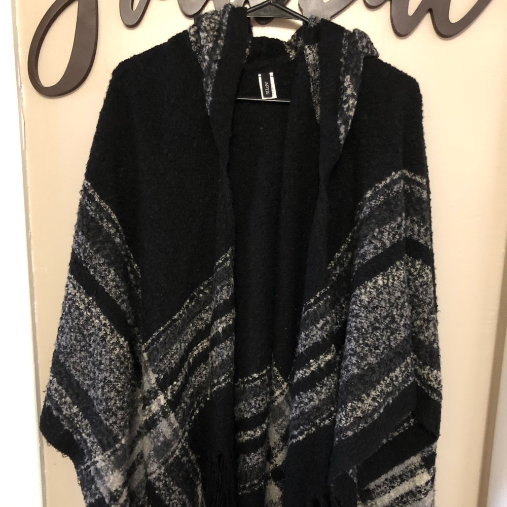 Black and gray hooded poncho; barely worn